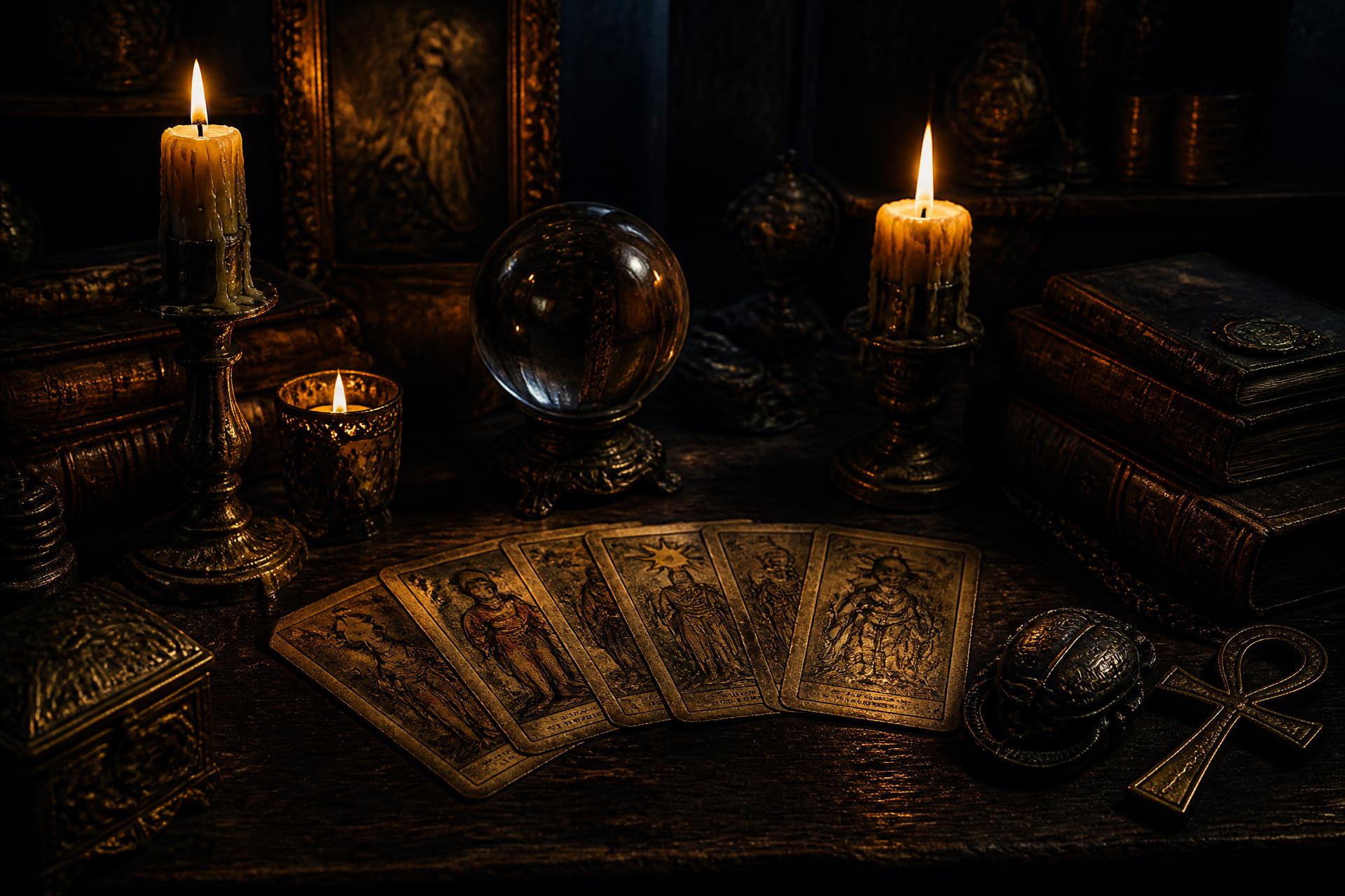 Candlelit antique table with a crystal ball, tarot cards and old books